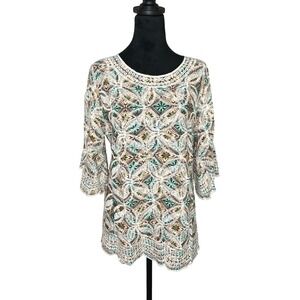 Solitaire‎ Boho Cottage 3/4 Bell Sleeve Embroidered Blouse Green Gold Small